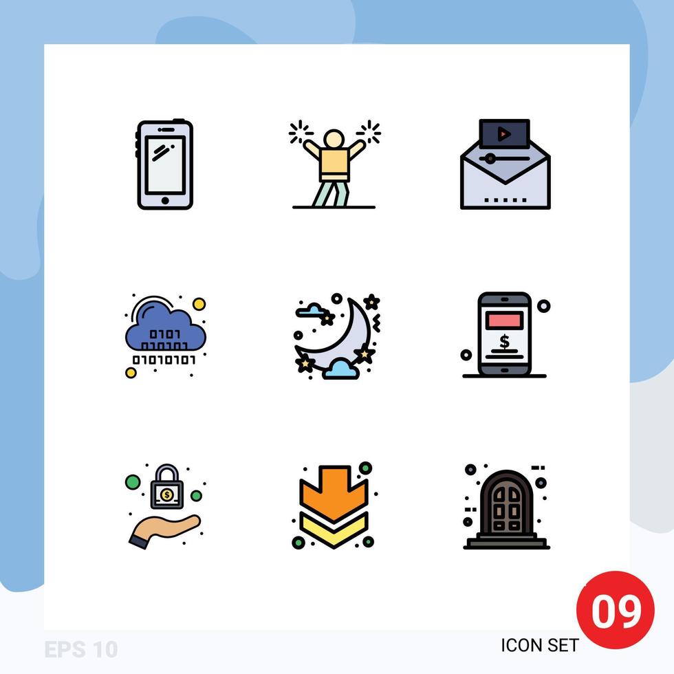 Gruppe von 9 modernen Filledline-Flachfarben, die für digitale Cloud-Fan-Binär-Videomarketing-editierbare Vektordesign-Elemente festgelegt werden vektor