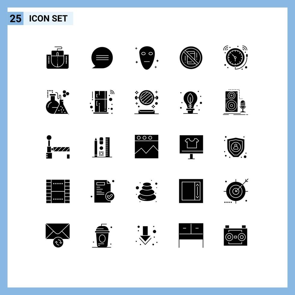 Gruppe von 25 modernen soliden Glyphen, die für mobil editierbare Vektordesign-Elemente des Uhralarm-Galaxy-Telefons festgelegt wurden vektor