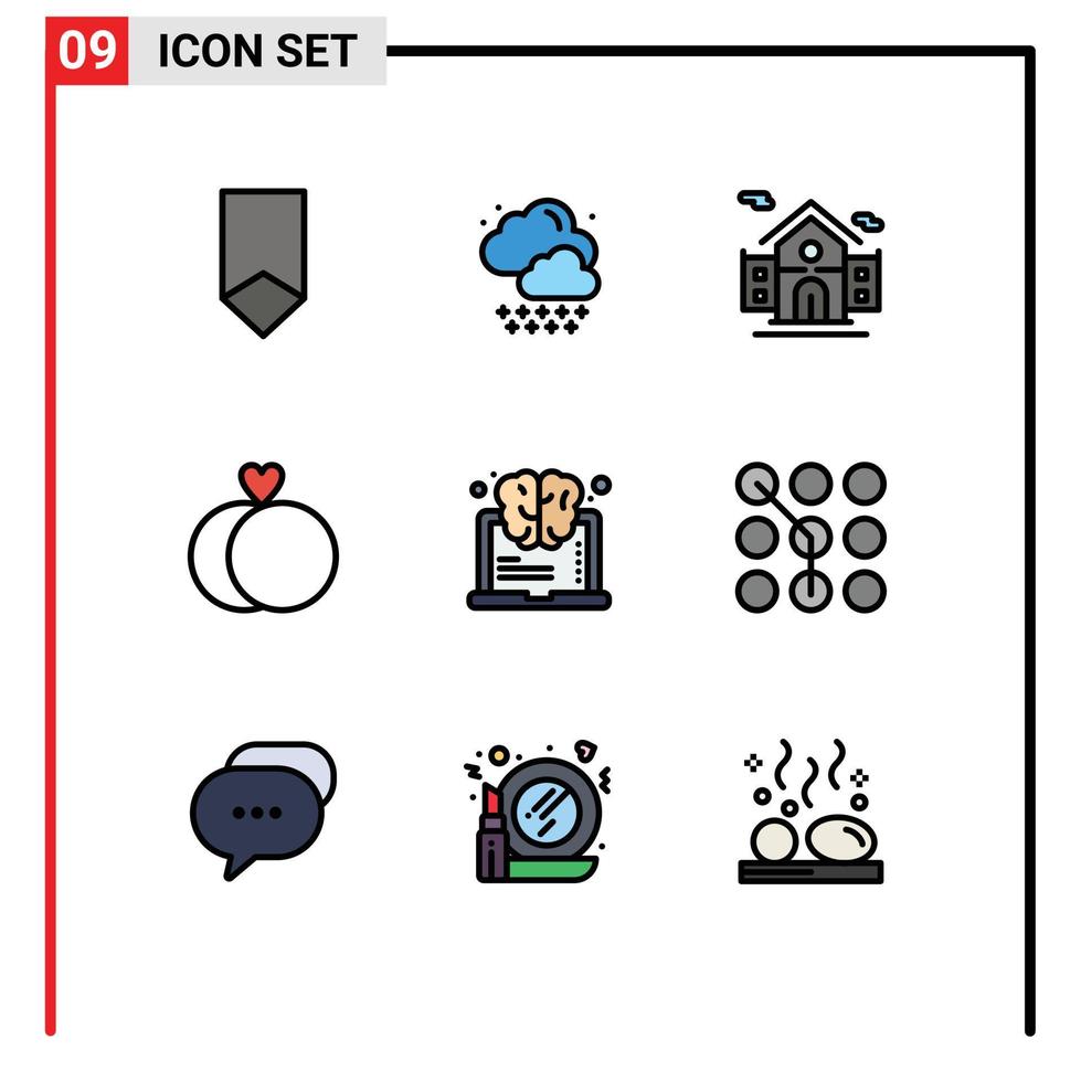 Gruppe von 9 flachen Farbzeichen und Symbolen für das Denken, Lernen, Gebäude, Gehirnringe, editierbare Vektordesign-Elemente vektor