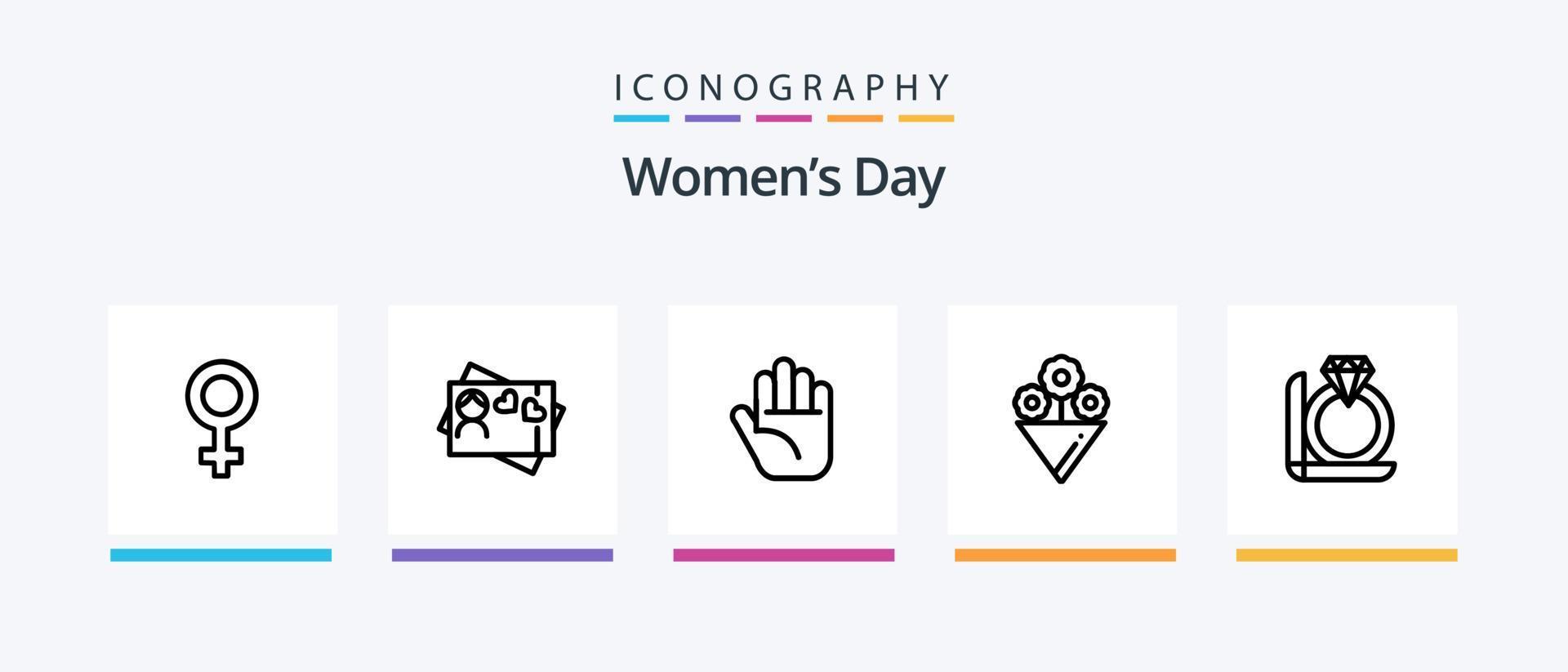 Womens Day Line 5 Icon Pack inklusive Sensibilisierung. Lippenstift. Frau. Mode. Karte einladen. kreatives Symboldesign vektor