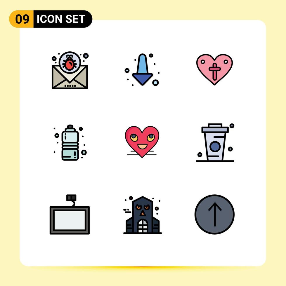 uppsättning av 9 vektor fylld linje platt färger på rutnät för emoji vatten hjärta sporter diet redigerbar vektor design element