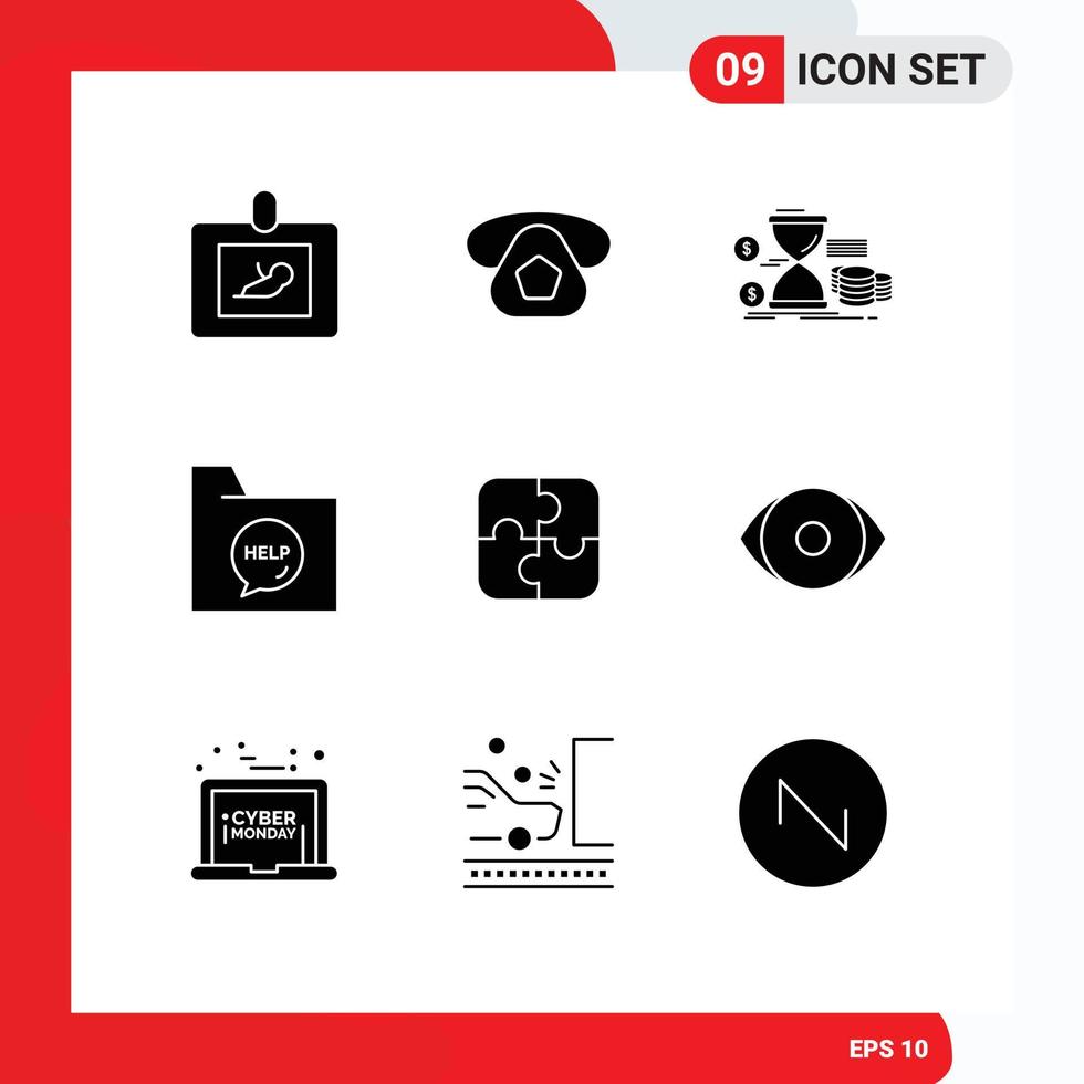 modern uppsättning av 9 fast glyfer pictograph av hjälp dokumentera timglas Kontakt mynt redigerbar vektor design element