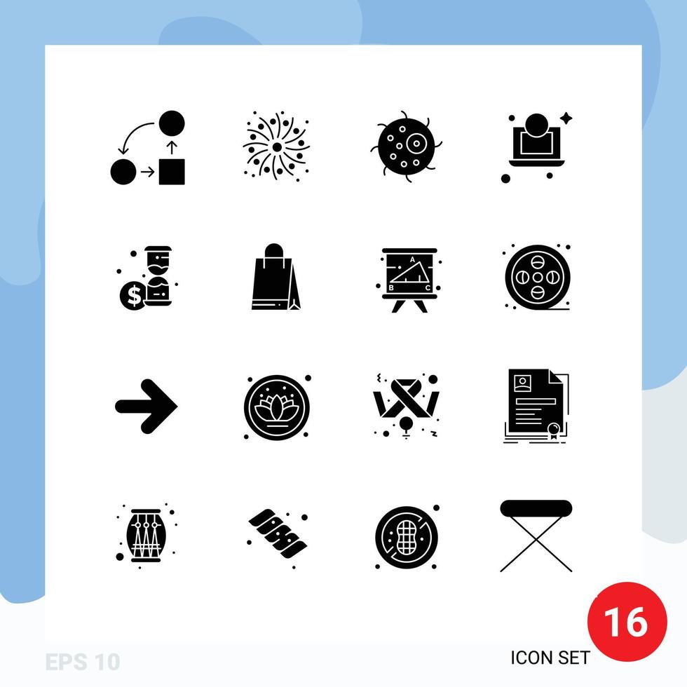 Packung mit 16 modernen soliden Glyphen Zeichen und Symbolen für Web-Printmedien wie Zeitinvestition Tiergeld Laptop editierbare Vektordesign-Elemente vektor
