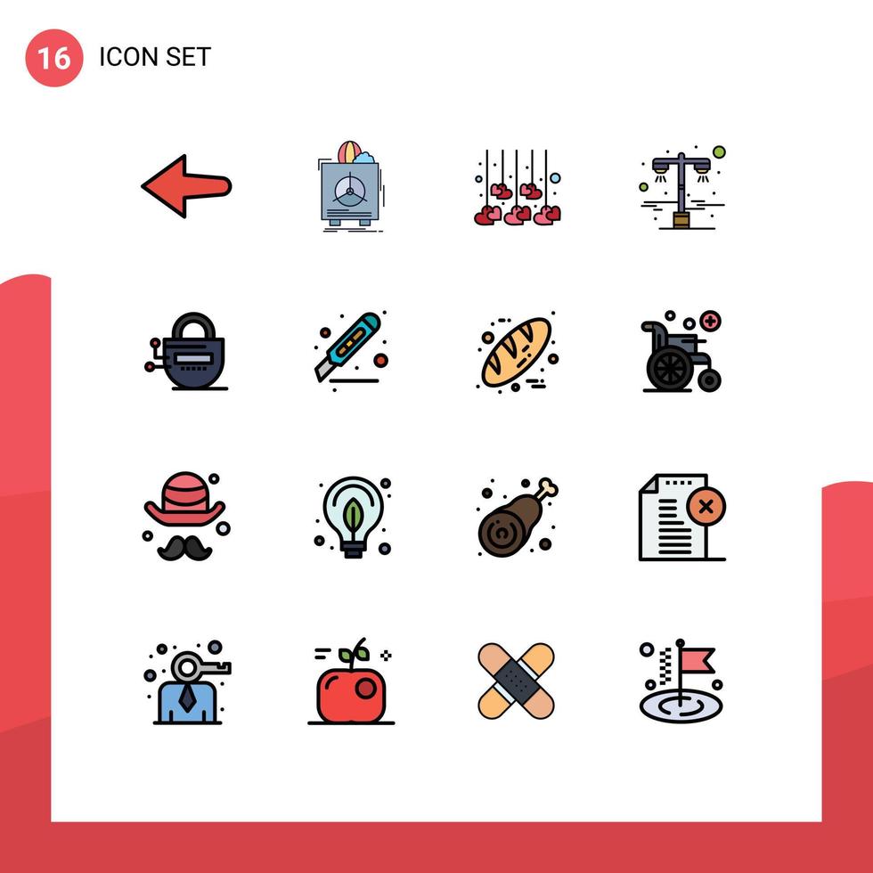 uppsättning av 16 kommersiell platt Färg fylld rader packa för server låsa hjärta väg ljus ljus redigerbar kreativ vektor design element