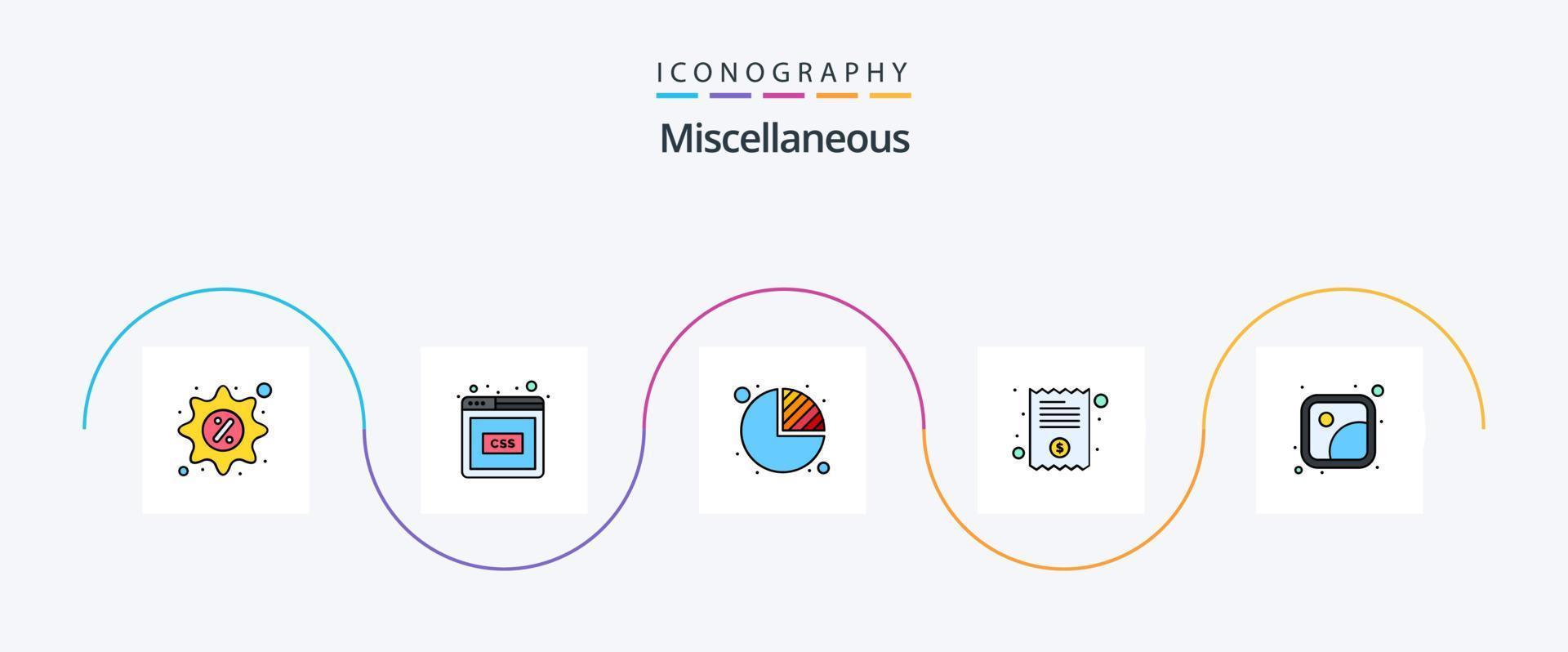 diverse linje fylld platt 5 ikon packa Inklusive bilder. Diagram. mottagande. räkningen vektor