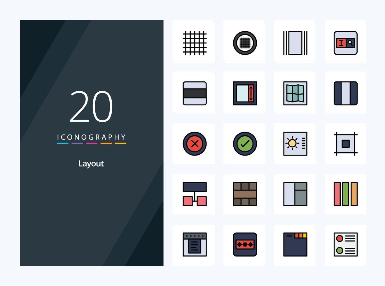 20 layout linje fylld ikon för presentation vektor