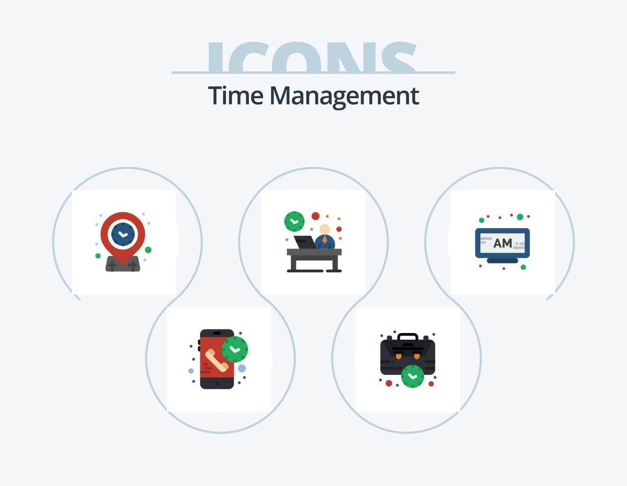 Zeitmanagement flach Icon Pack 5 Icon Design. Stunde. Vorderseite. Management. Schreibtisch. Ausrichtung vektor