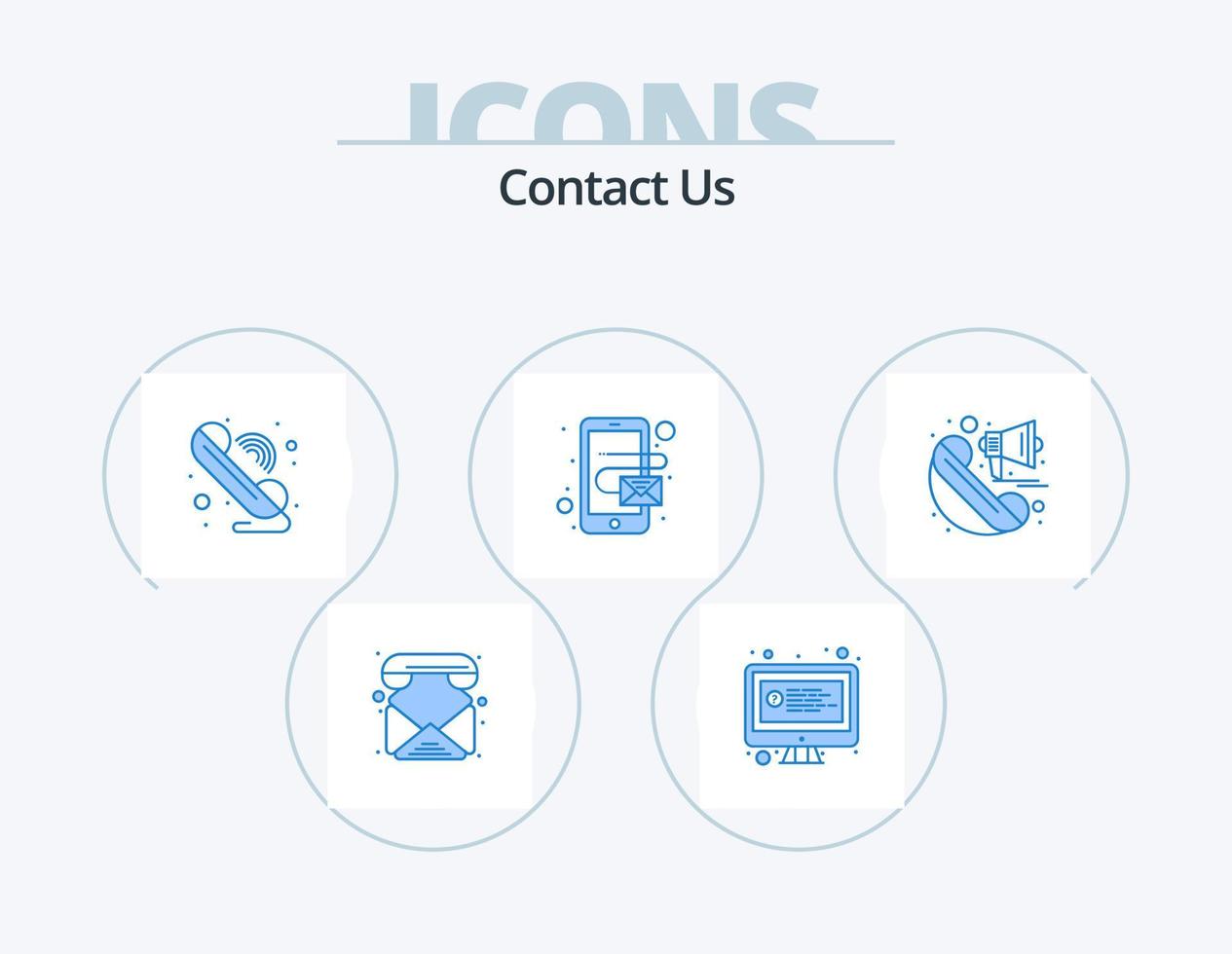 Kontaktieren Sie uns blaues Icon Pack 5 Icon Design. Lautsprecher. Bekanntmachung. Forderung. Handy, Mobiltelefon. Adresse vektor
