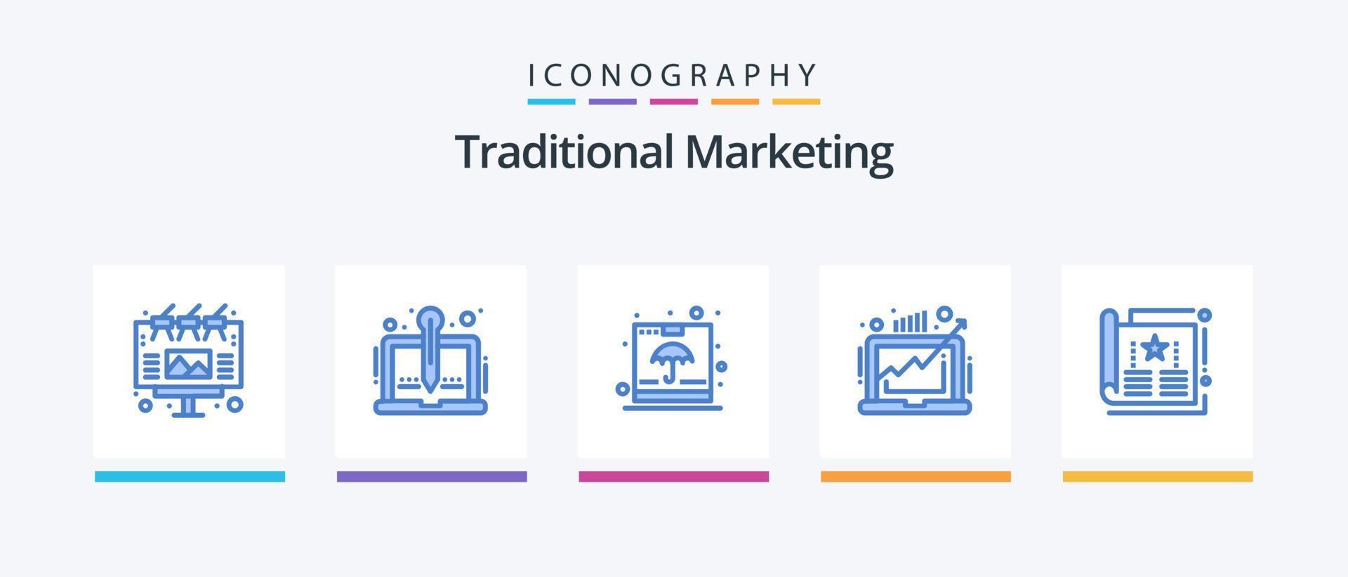 traditionell marknadsföring blå 5 ikon packa Inklusive marknadsföra. efterfrågan. författare. företag. försäkring. kreativ ikoner design vektor