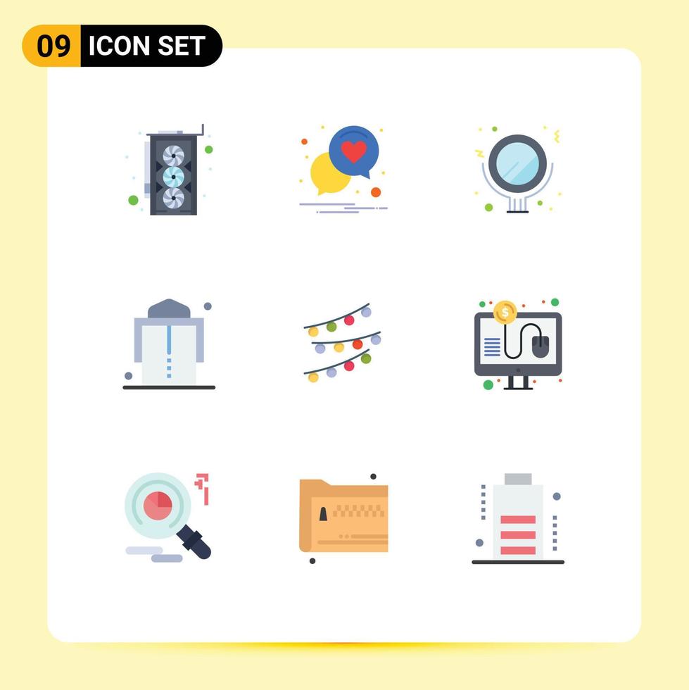 mobil gränssnitt platt Färg uppsättning av 9 piktogram av födelsedag fester smink lampor gördel redigerbar vektor design element