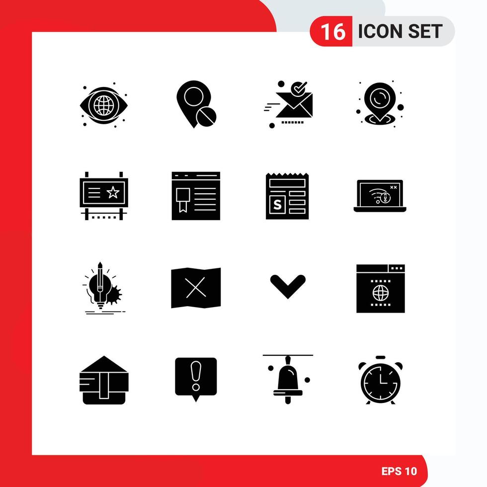 universell ikon symboler grupp av 16 modern fast glyfer av ad styrelse stift medicinsk Karta ok redigerbar vektor design element