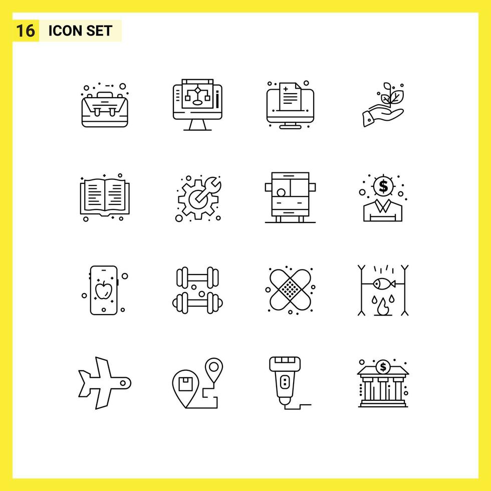 uppsättning av 16 vektor konturer på rutnät för bok hand dator växa uppkopplad redigerbar vektor design element