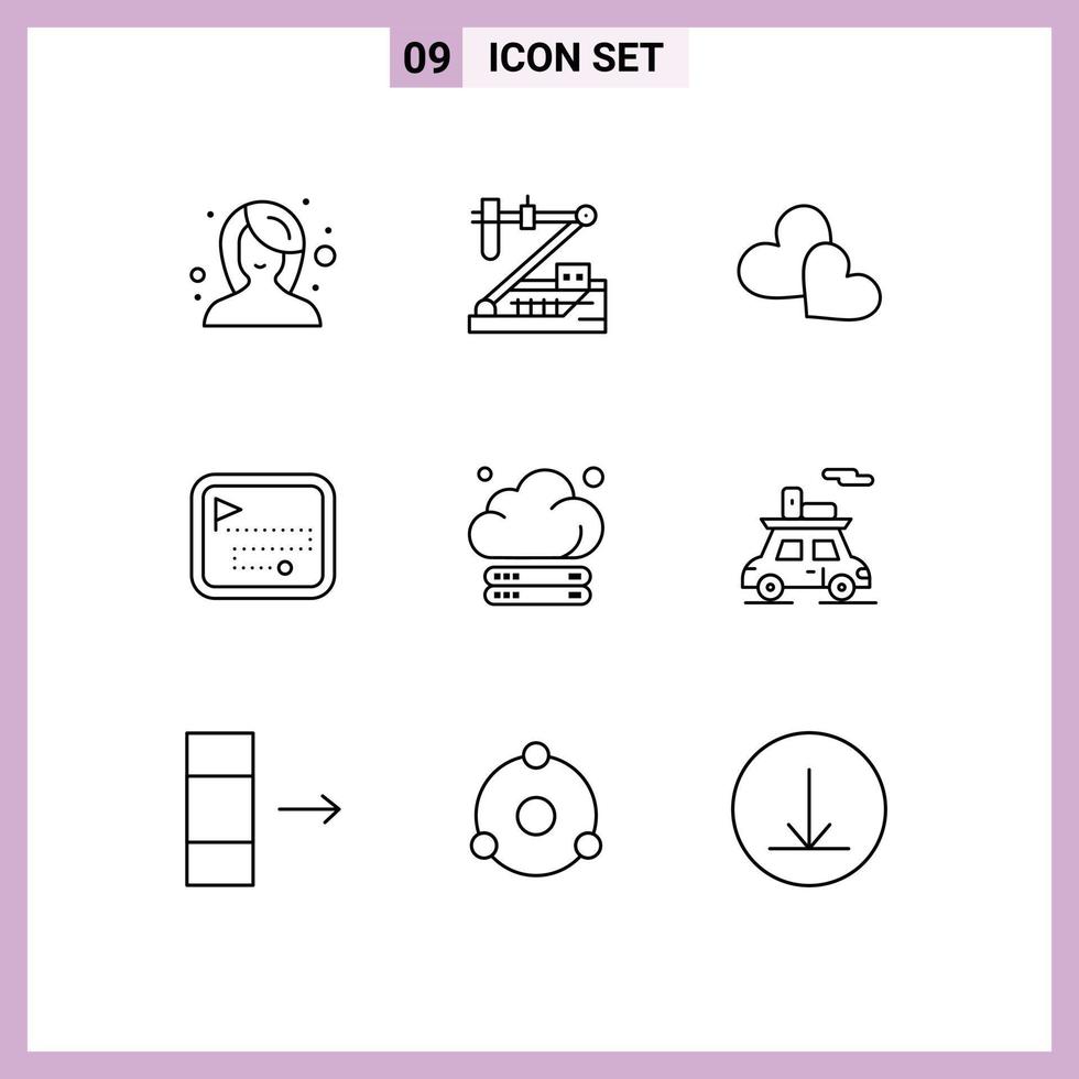 Mobile Interface Outline Set von 9 Piktogrammen von Cloud Direction Route Research Point Wedding editierbare Vektordesign-Elemente vektor