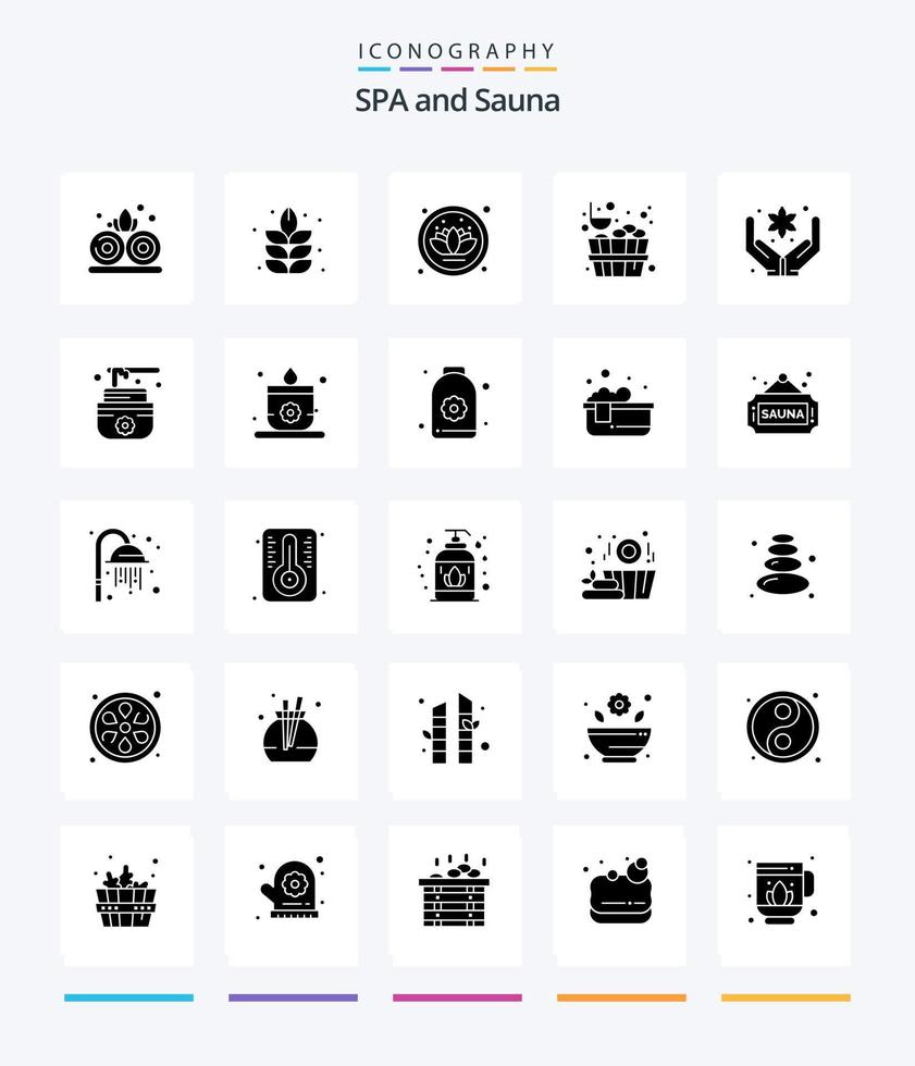 creative sauna 25 glyph solid black icon pack wie lotus. Flasche. Blume. Lotus. Kerze vektor