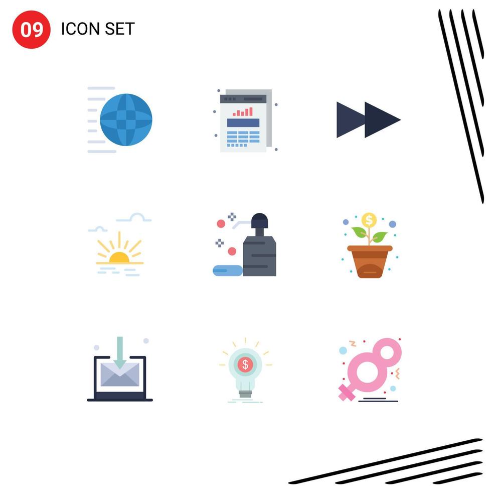 flacher farbsatz der mobilen schnittstelle mit 9 piktogrammen von hautpflege-webstatistiken frühlingshelligkeit editierbare vektordesignelemente vektor