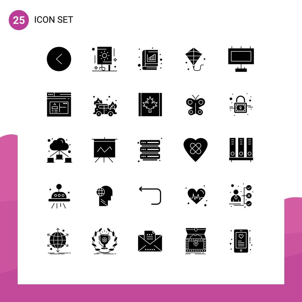 solides Glyphenpaket mit 25 universellen Symbolen für Straßenwerbung, analytische Festivaldrachen, editierbare Vektordesignelemente vektor
