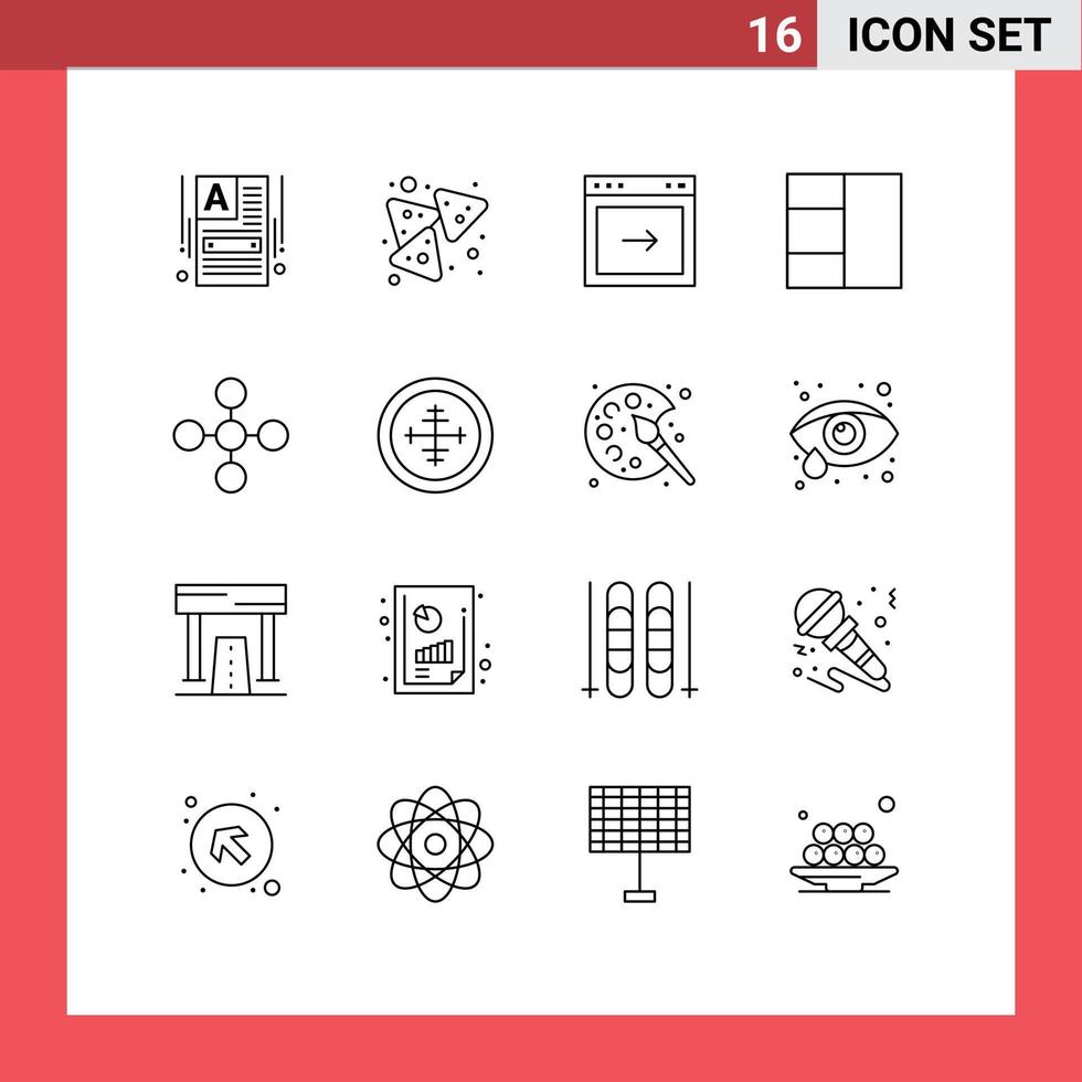 piktogram uppsättning av 16 enkel konturer av dela med sig länk pil central rutnät redigerbar vektor design element