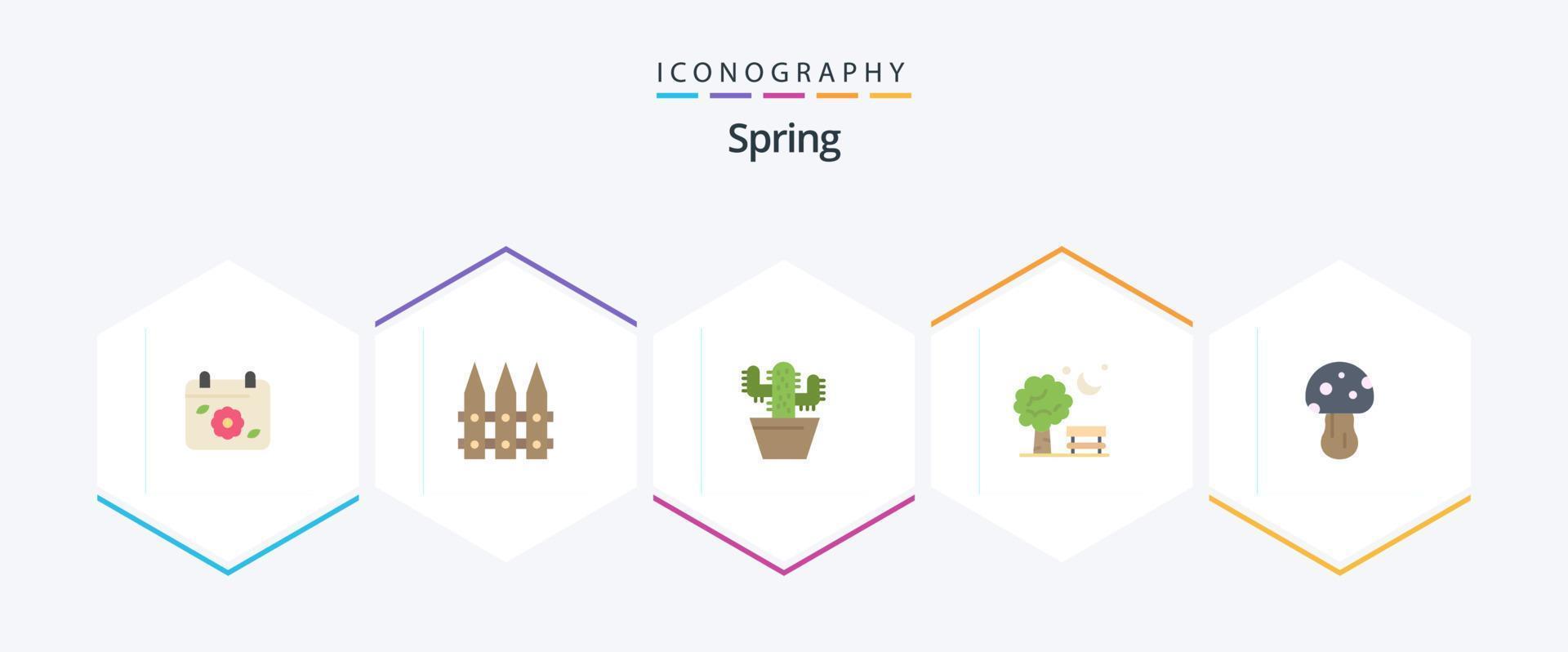 vår 25 platt ikon packa Inklusive svamp. vår. kaktosar. parkera. bänk vektor