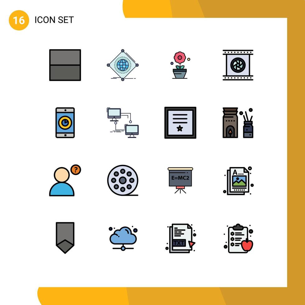 satz von 16 vektorflachen farbgefüllten linien auf raster für mobile anwendung anwendungswachstum spezielle fotografische objektive editierbare kreative vektordesignelemente vektor