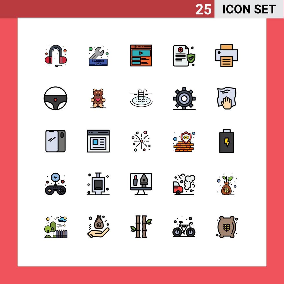 25 fylld linje platt Färg begrepp för webbplatser mobil och appar utskrift skrivare video politik hälsa redigerbar vektor design element