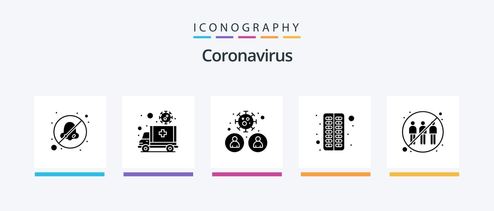 Coronavirus Glyph 5 Icon Pack inklusive Pille. Kapsel. Fahrzeug. Virenschutz. Benutzer. kreatives Symboldesign vektor