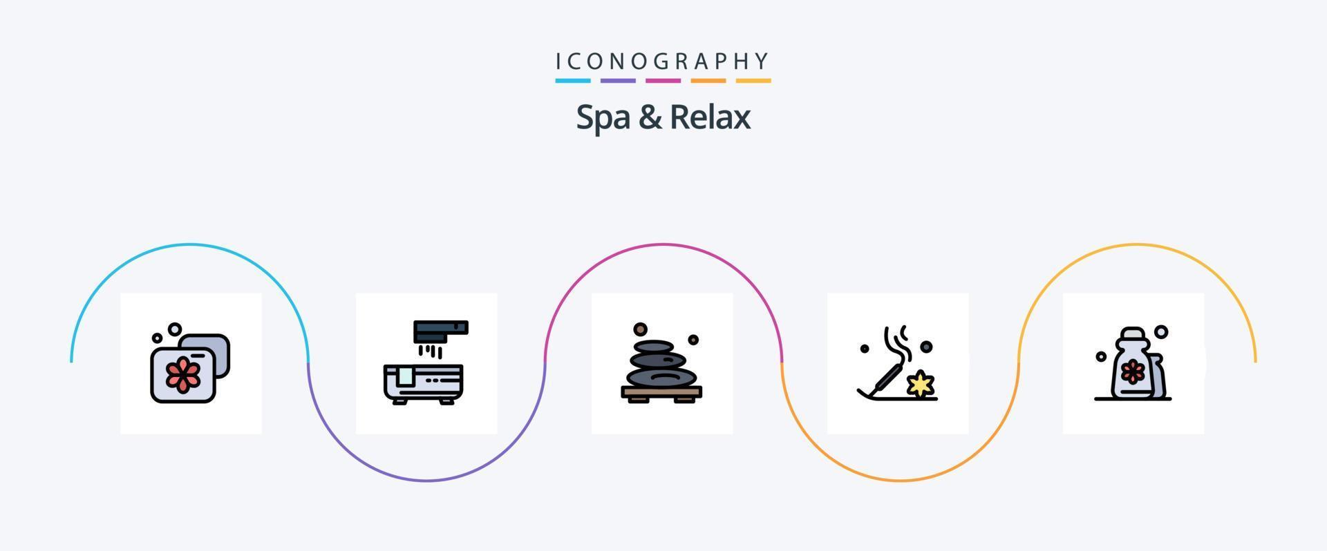 spa och koppla av linje fylld platt 5 ikon packa Inklusive skönhet. rökelse pinne. varm. skönhet. sten vektor