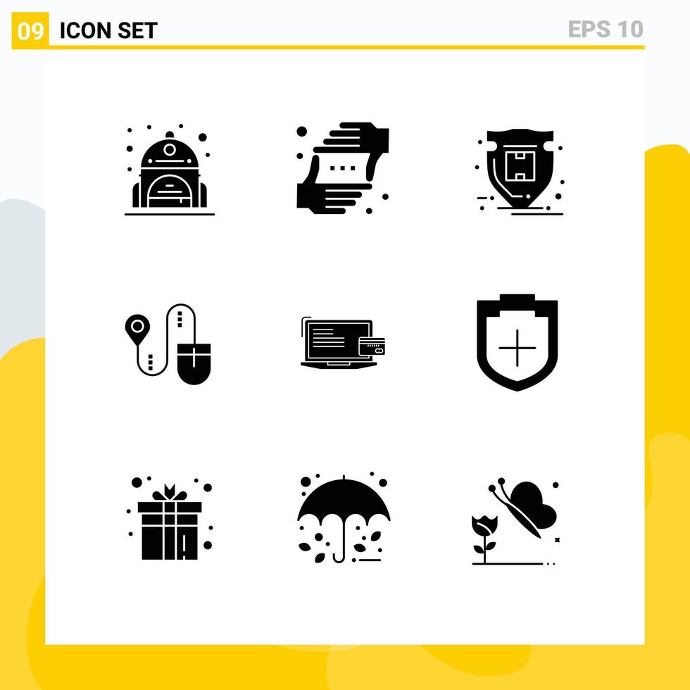 Mobile Schnittstelle solider Glyphensatz von 9 Piktogrammen von Geschäftscomputerpaketsuchmaus editierbaren Vektordesignelementen vektor