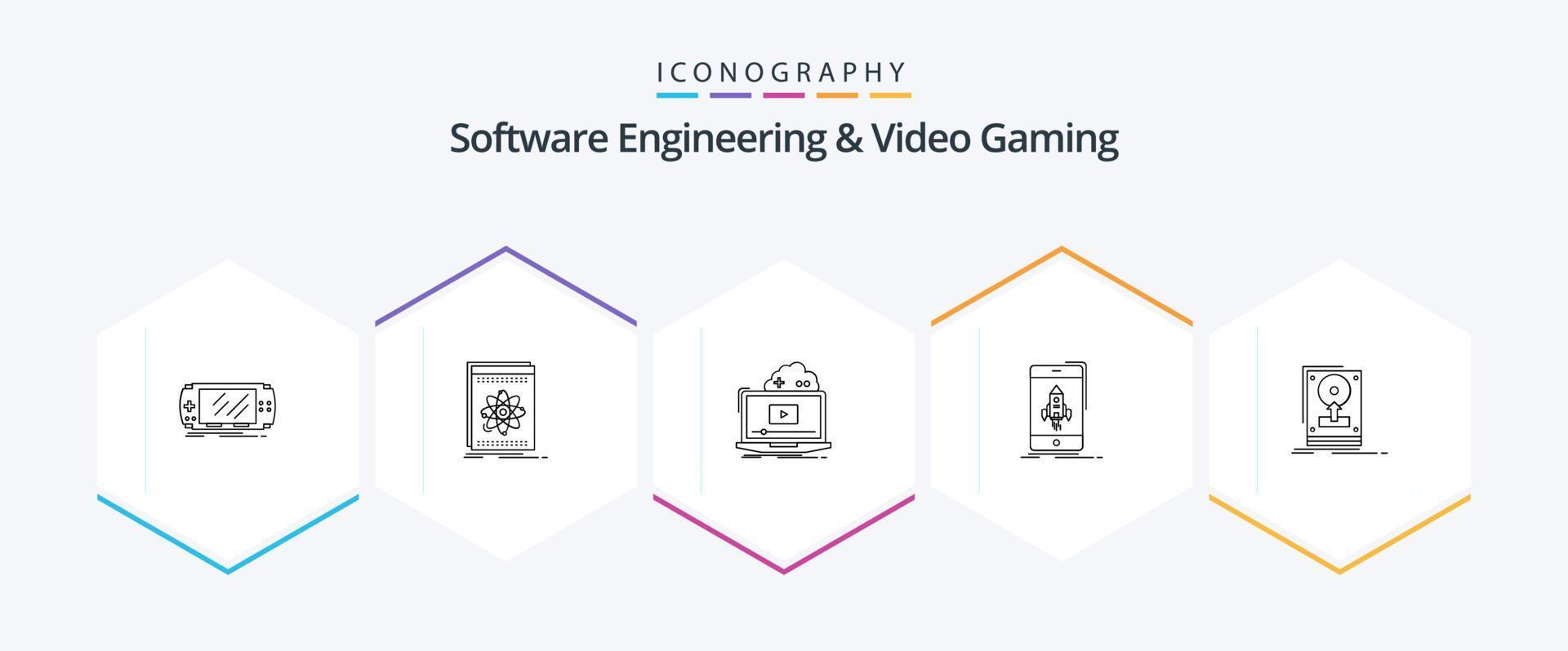 Softwareentwicklung und Videospiele 25-Zeilen-Icon-Pack inklusive Start. Spiel. Plattform. Video. online vektor