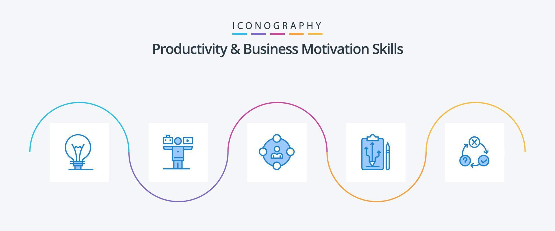 Produktivitäts- und Geschäftsmotivationsfähigkeiten Blue 5 Icon Pack inklusive Think. Strategie. sozialen Medien. planen. Prokrastination vektor