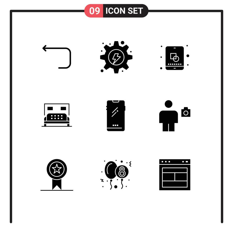 9 universell fast glyf tecken symboler av telefon sovrum redskap säng kreativ redigerbar vektor design element
