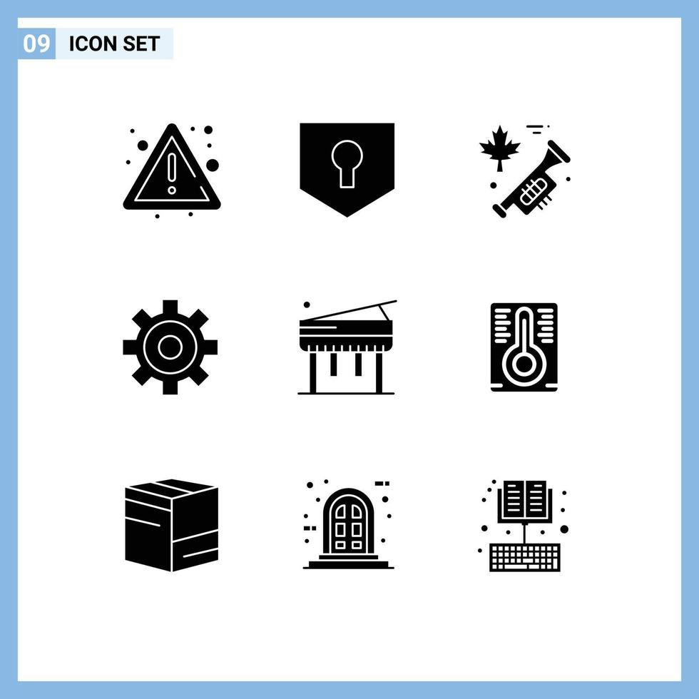 Piktogrammsatz von 9 einfachen soliden Glyphen der Box Temperatur Kanada Klavierbildung editierbare Vektordesign-Elemente vektor