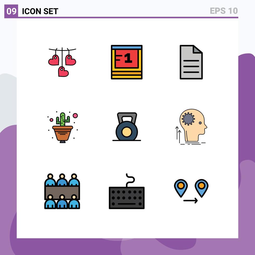 Gruppe von 9 gefüllten flachen Farben Zeichen und Symbolen für Fitness Blumentopf Datei Pflanze Kaktus editierbare Vektordesign-Elemente vektor