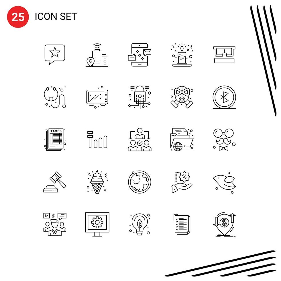 Stock Vector Icon Pack mit 25 Linienzeichen und Symbolen für medizinische virtuelle Verbindung Candle Light Candle editierbare Vektordesign-Elemente