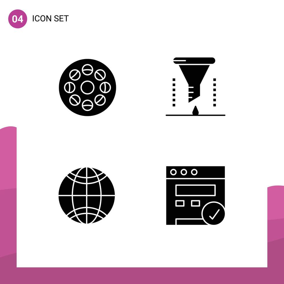4 solides Glyphenkonzept für mobile Websites und Apps Medien globales Video chemisches Labor Welt editierbare Vektordesign-Elemente vektor