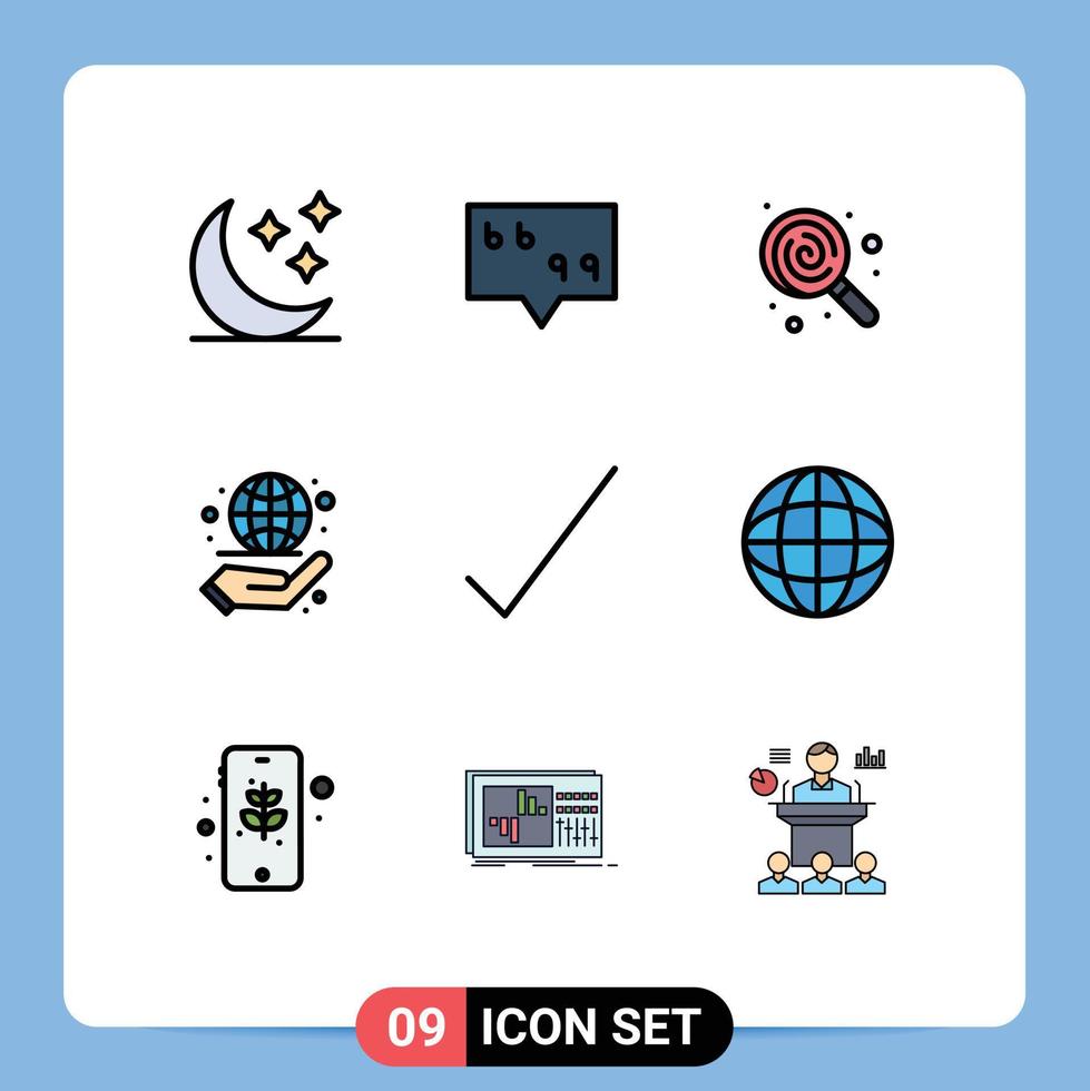 Satz von 9 modernen ui-Symbolen Symbole Zeichen für Tick Check Food Management Globus editierbare Vektordesign-Elemente vektor