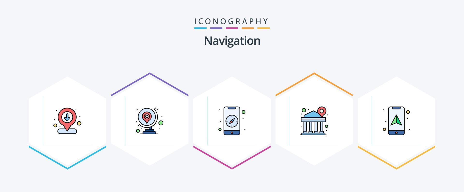 navigation 25 gefülltes Symbolpaket mit Standort. Standort. Karte. Finanzen. Bank vektor