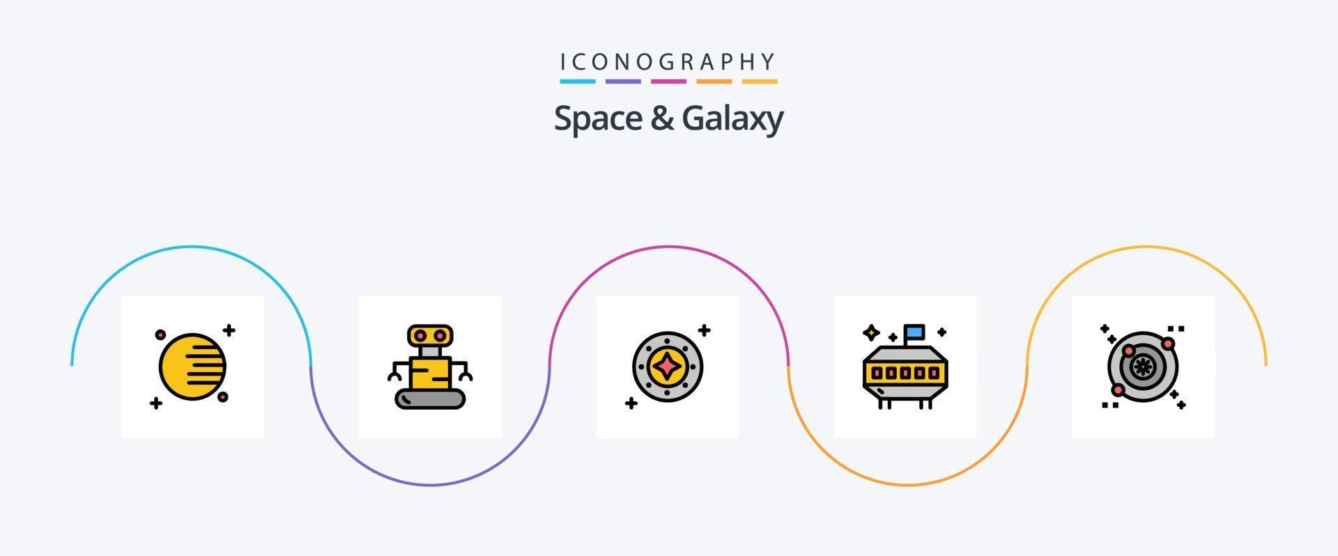 Raum- und Galaxienlinie gefülltes flaches 5-Icon-Paket einschließlich Raum. Galaxis. scheinen. UFO. Astronomie vektor