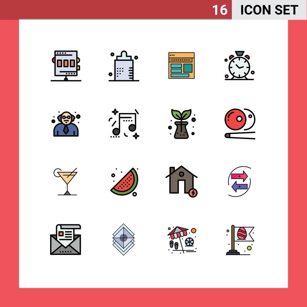 Gruppe von 16 flachen, farbgefüllten Linien Zeichen und Symbole für Alarm-Web-Fitness-Seite Business editierbare kreative Vektordesign-Elemente vektor