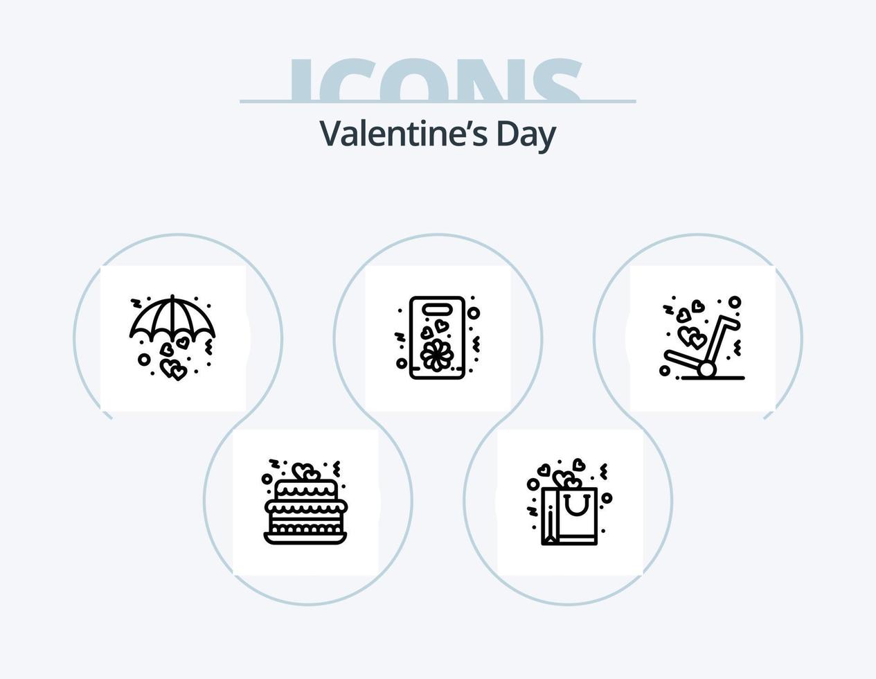 valentines dag linje ikon packa 5 ikon design. romantik. hjärta. kärlek. väska. paraply vektor