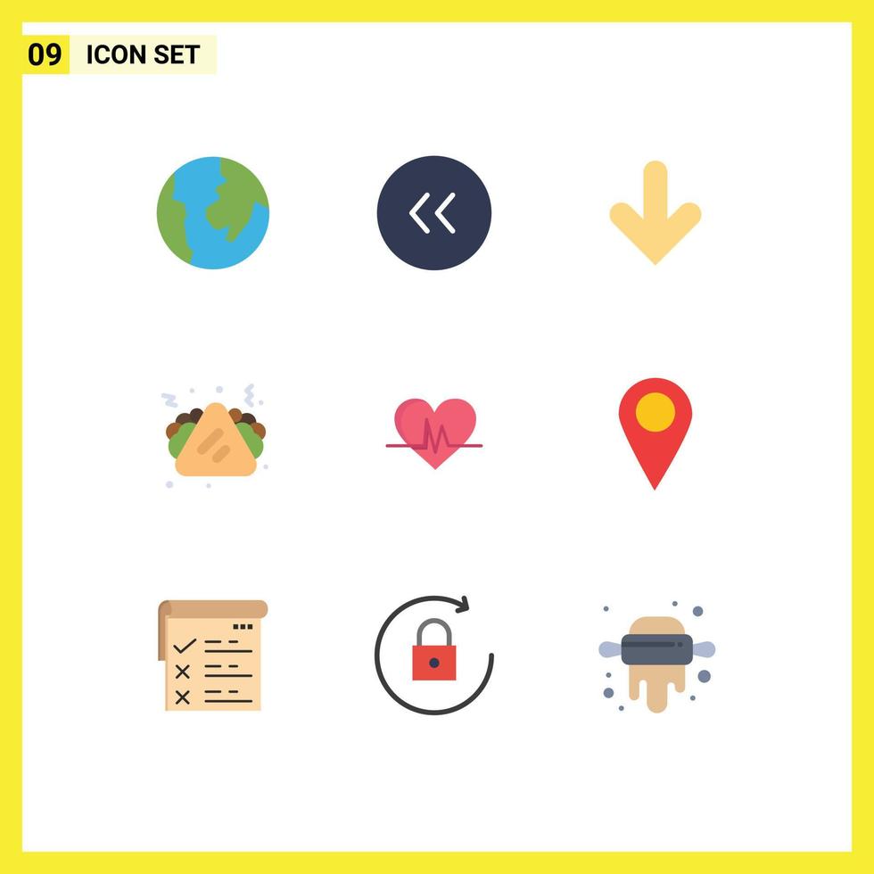 Packung mit 9 modernen flachen Farbzeichen und Symbolen für Web-Printmedien wie Puls Herz Richtung EKG Junk Food editierbare Vektordesign-Elemente vektor