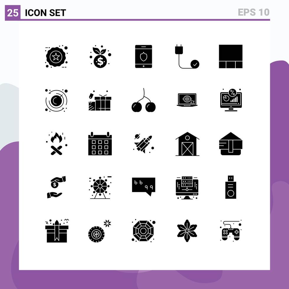 mobile Schnittstelle solider Glyph-Satz von 25 Piktogrammen von Layout-Hardware-Sicherheitsgeräten, die mit editierbaren Vektordesign-Elementen verbunden sind vektor