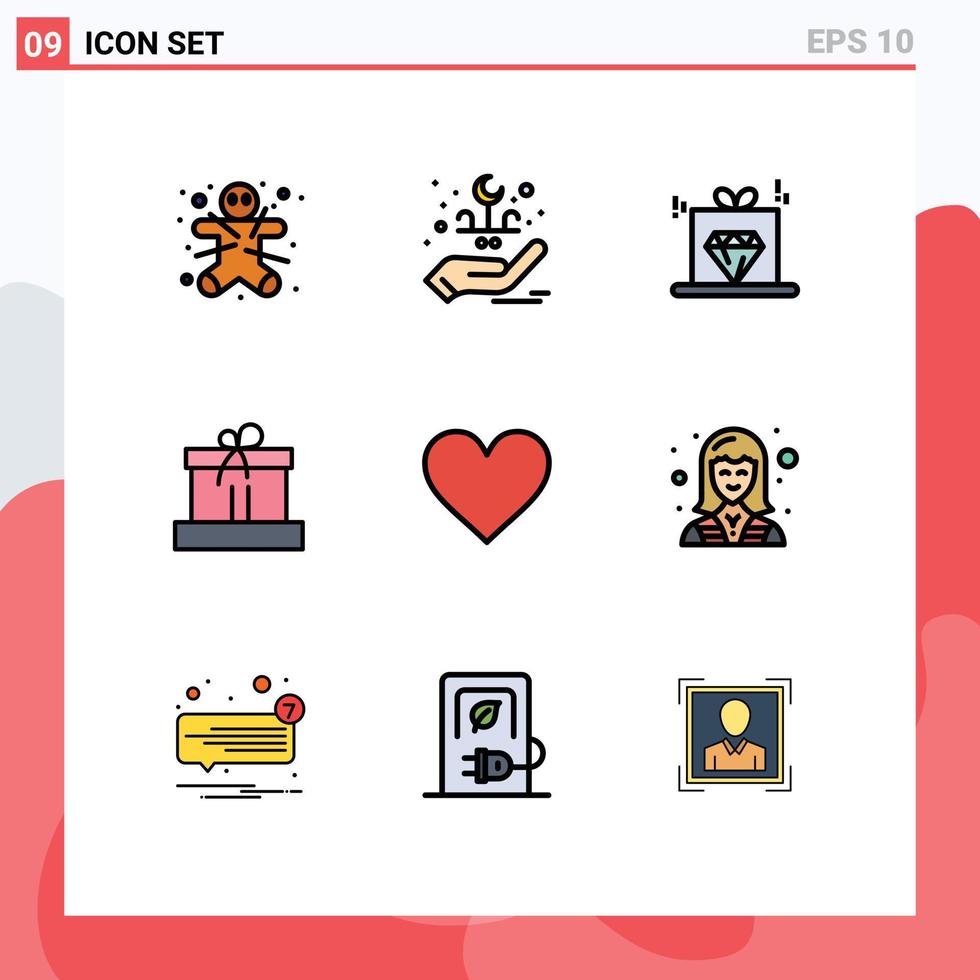 9 universell fylld linje platt färger uppsättning för webb och mobil tillämpningar kärlek natur diamant påsk gåva redigerbar vektor design element