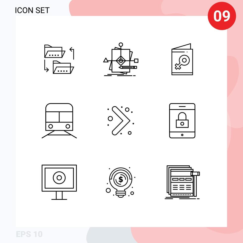 piktogram uppsättning av 9 enkel konturer av transport tunnelbana mönster metro symbol redigerbar vektor design element
