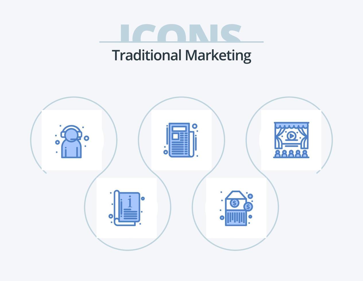 traditionelles Marketing blaues Icon Pack 5 Icon Design. Werbung. Kino. Kunde. abonnieren. Nachricht vektor