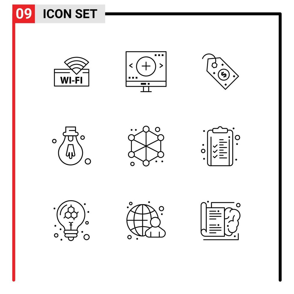 modern uppsättning av 9 konturer pictograph av data motivering Sök ljus märka redigerbar vektor design element