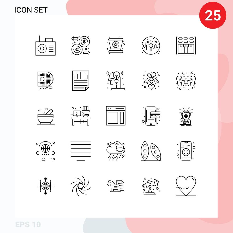 Mobile Interface Line Set aus 25 Piktogrammen von Multimedia Cinema Mardi Gras Sweet Donut editierbare Vektordesign-Elemente vektor