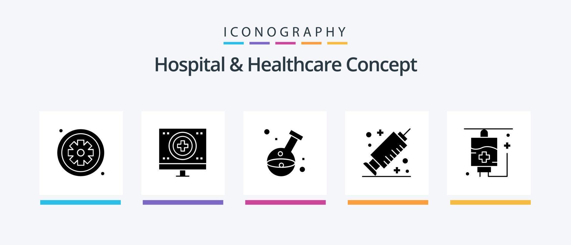 sjukhus och sjukvård begrepp glyf 5 ikon packa Inklusive vaccin. medicin. medicinsk. medicinsk. sjukhus. kreativ ikoner design vektor
