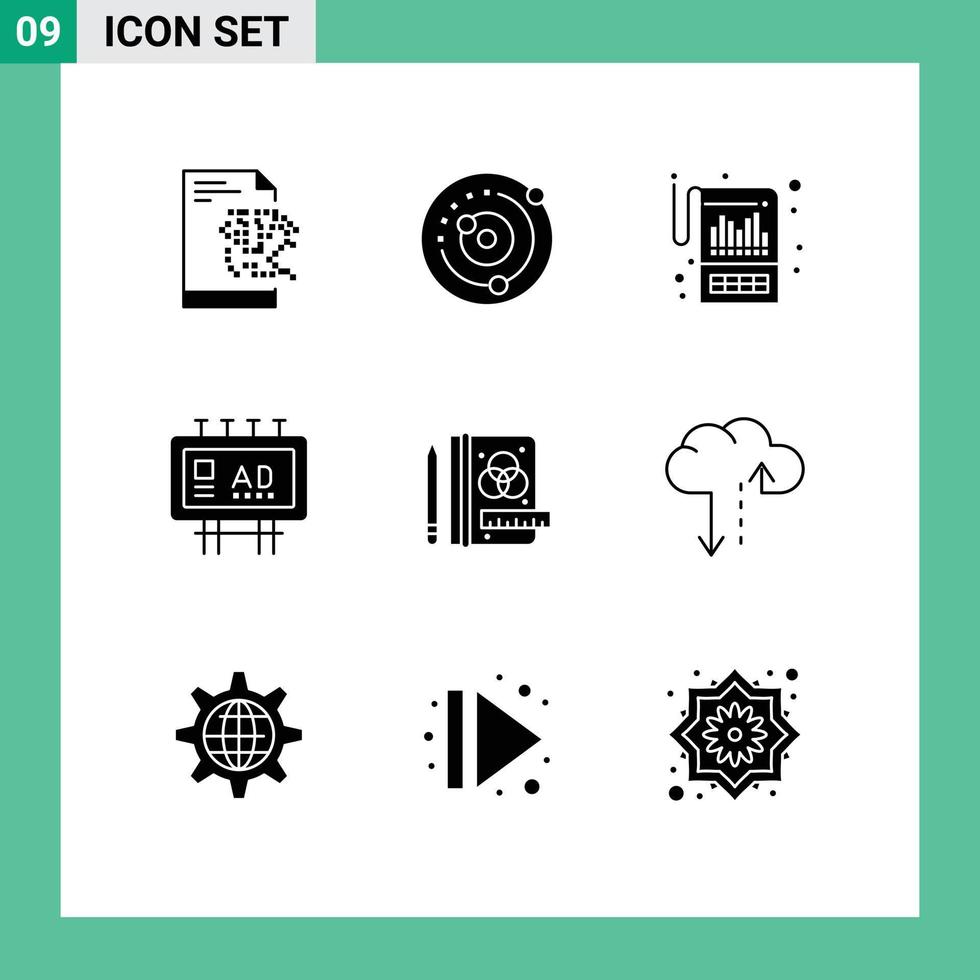 Gruppe von 9 modernen soliden Glyphen, die für Werbeaussagen auf Werbetafeln für Werbezwecke gesetzt werden, editierbare Vektordesign-Elemente vektor