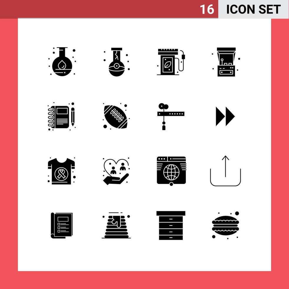 modern uppsättning av 16 fast glyfer pictograph av dagbok spel magi roligt gas station redigerbar vektor design element