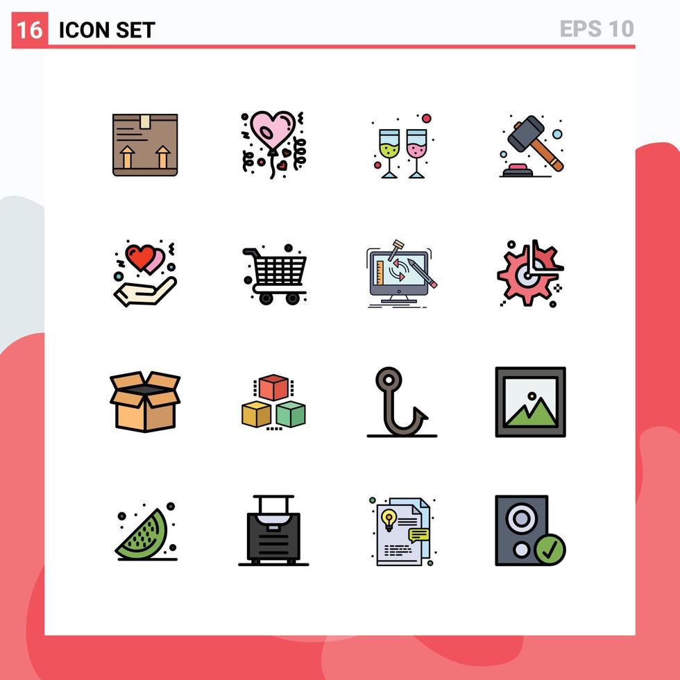 Gruppe von 16 flachen, farbgefüllten Linien Zeichen und Symbolen für handgeschütztes Getränk Gericht editierbare kreative Vektordesign-Elemente vektor